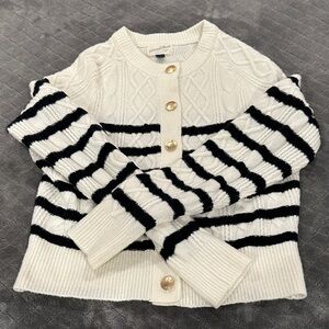 Women's Striped Cardigan Sweater - Cream and Black